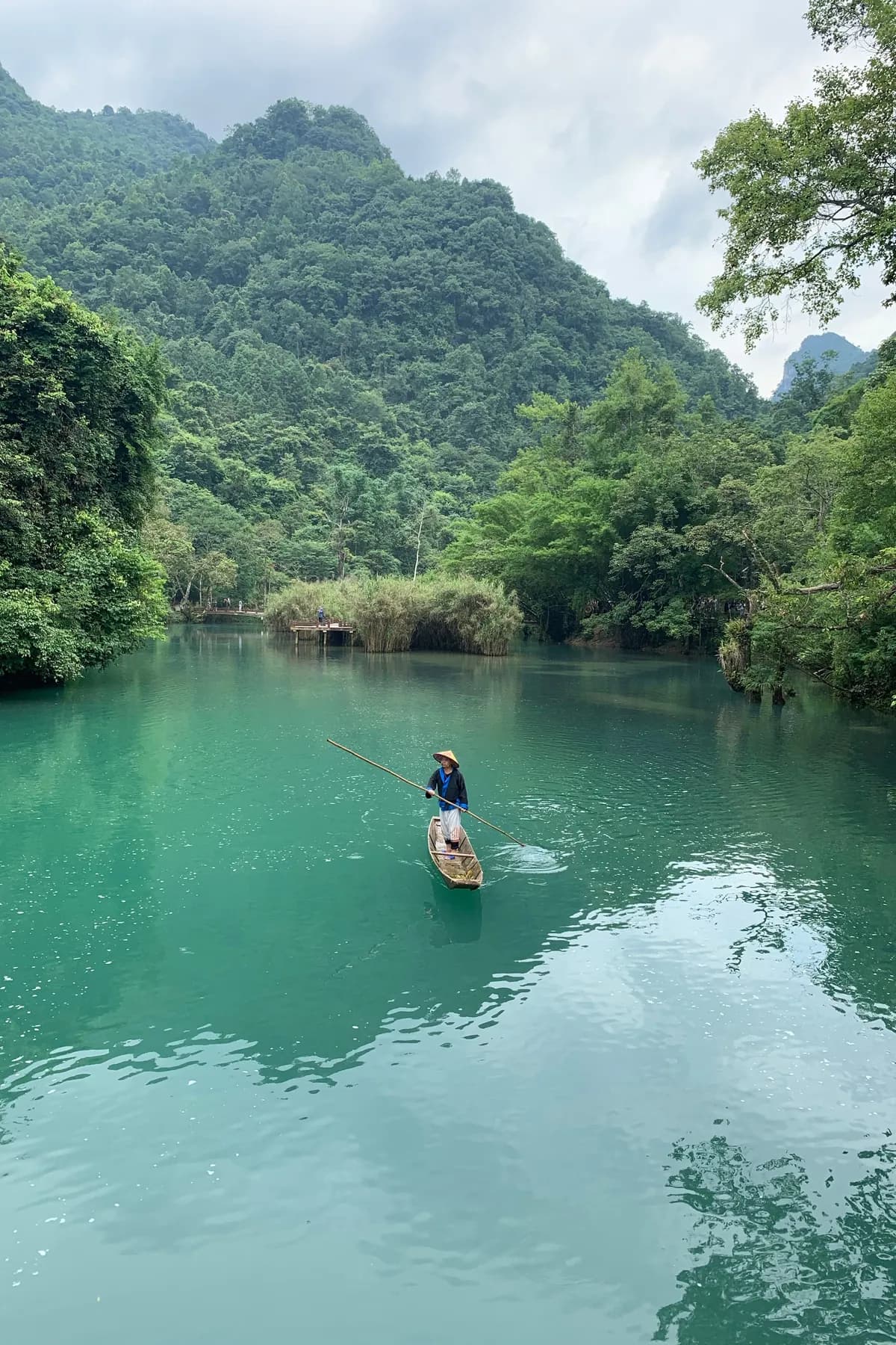 Boat on a karst river near Guilin and Yangshuo