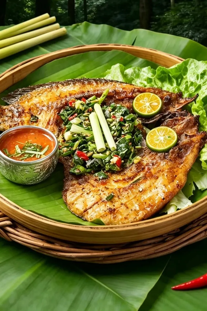 Dai grilled fish with lemongrass and chili sauce on a banana leaf
