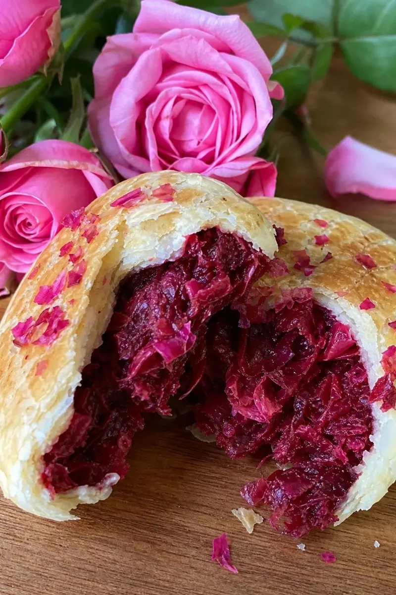 Yunnan rose flower cake broken open to show the petal filling