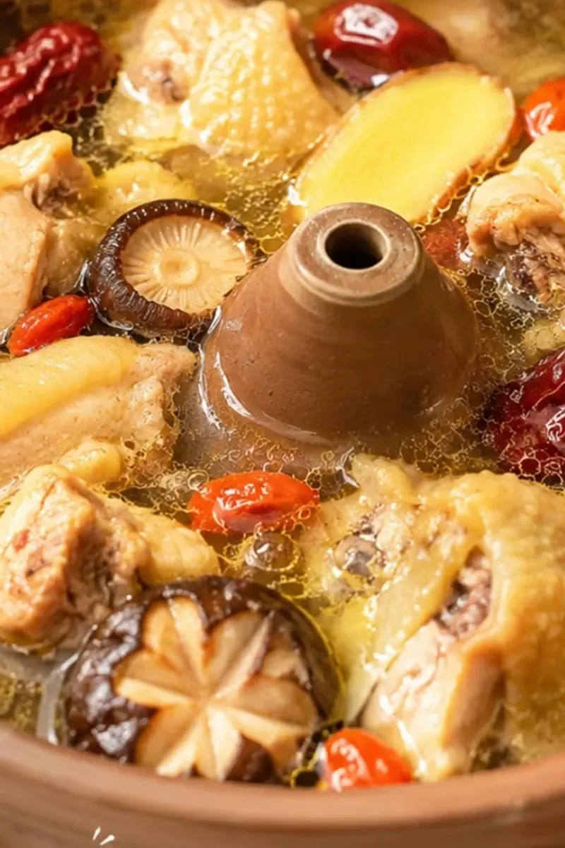 Jianshui steam-pot chicken with dates and mushrooms in a clay funnel pot