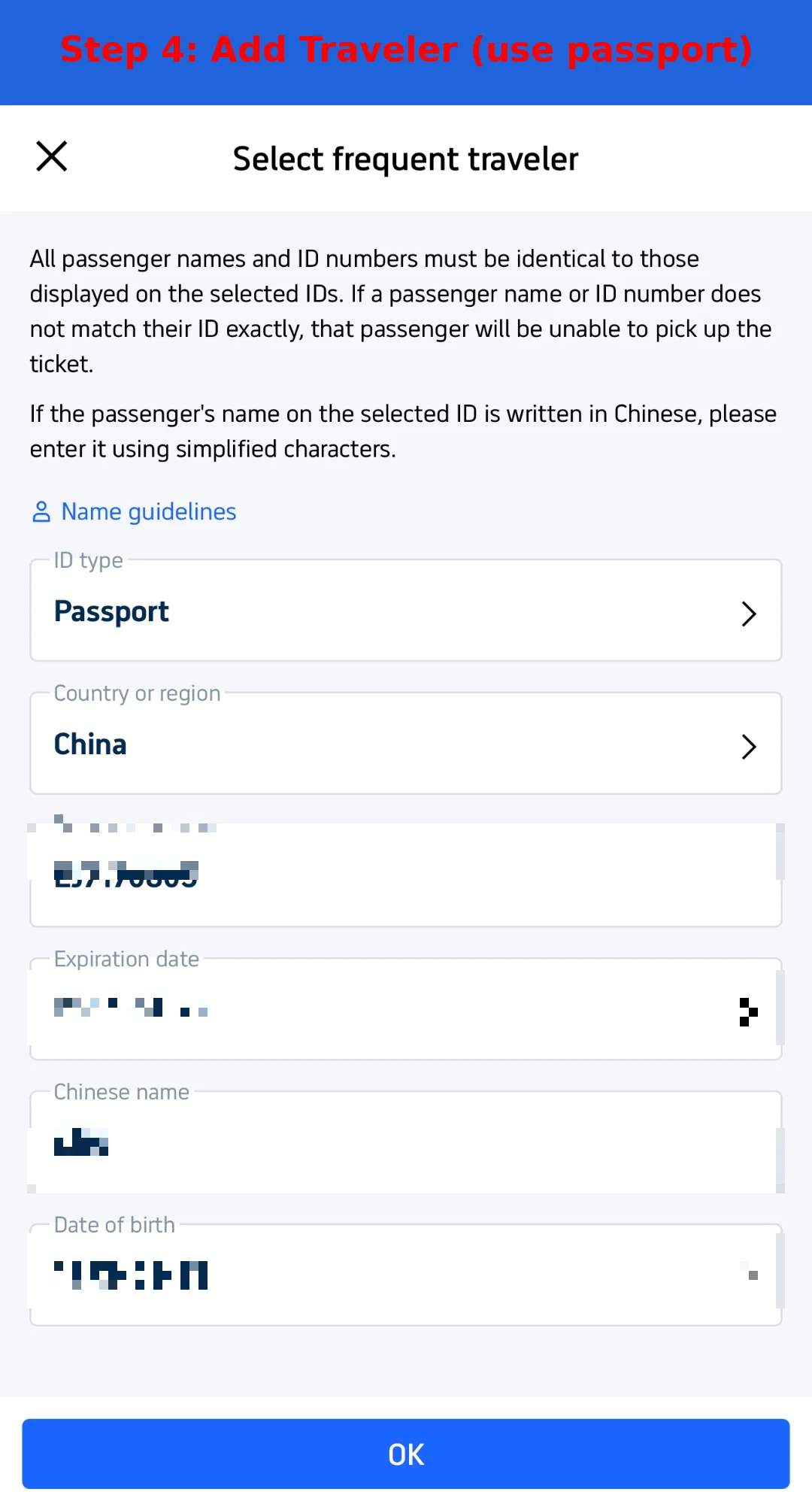 Add traveler with passport on Trip.com Trip.com add traveler form with ID type set to Passport and sensitive fields blurred