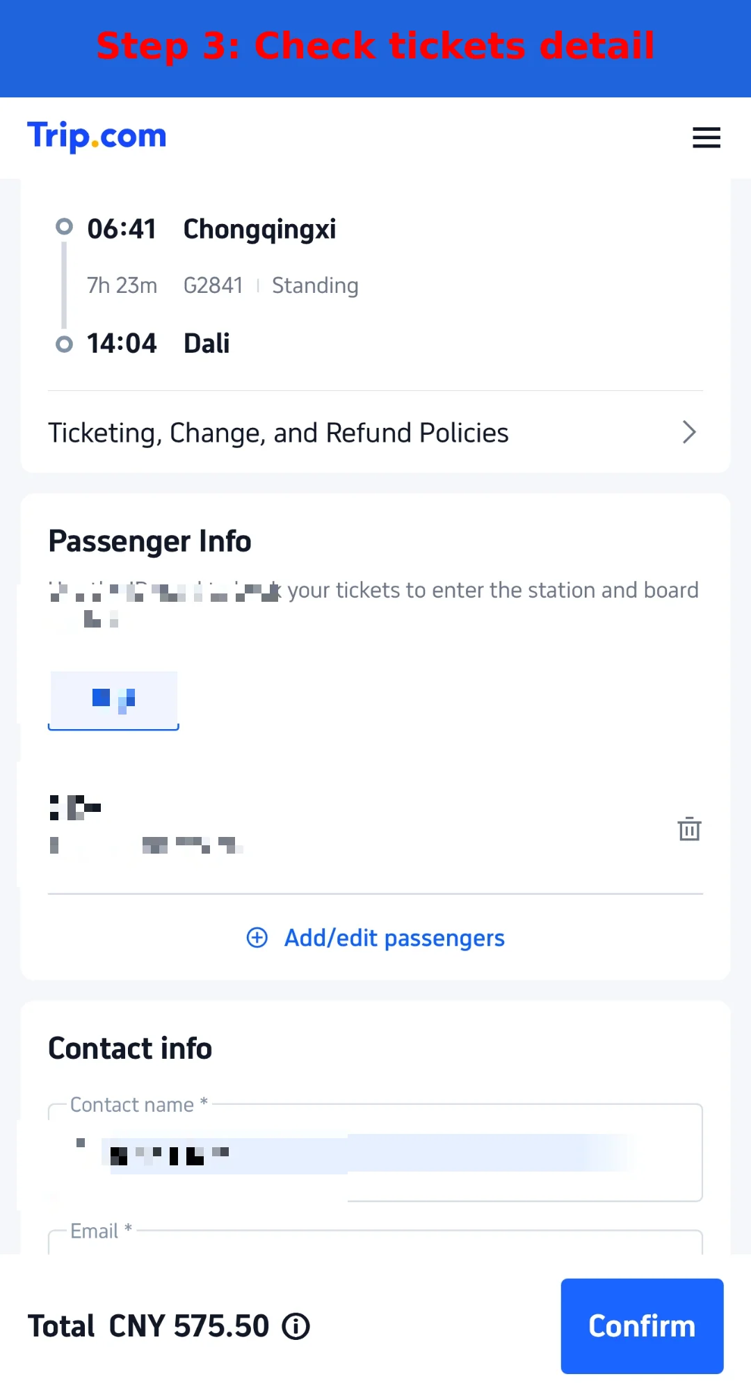 Trip.com ticket details and confirmation Trip.com ticket details page for train G2841 from Chongqing West to Dali with passenger info and total price