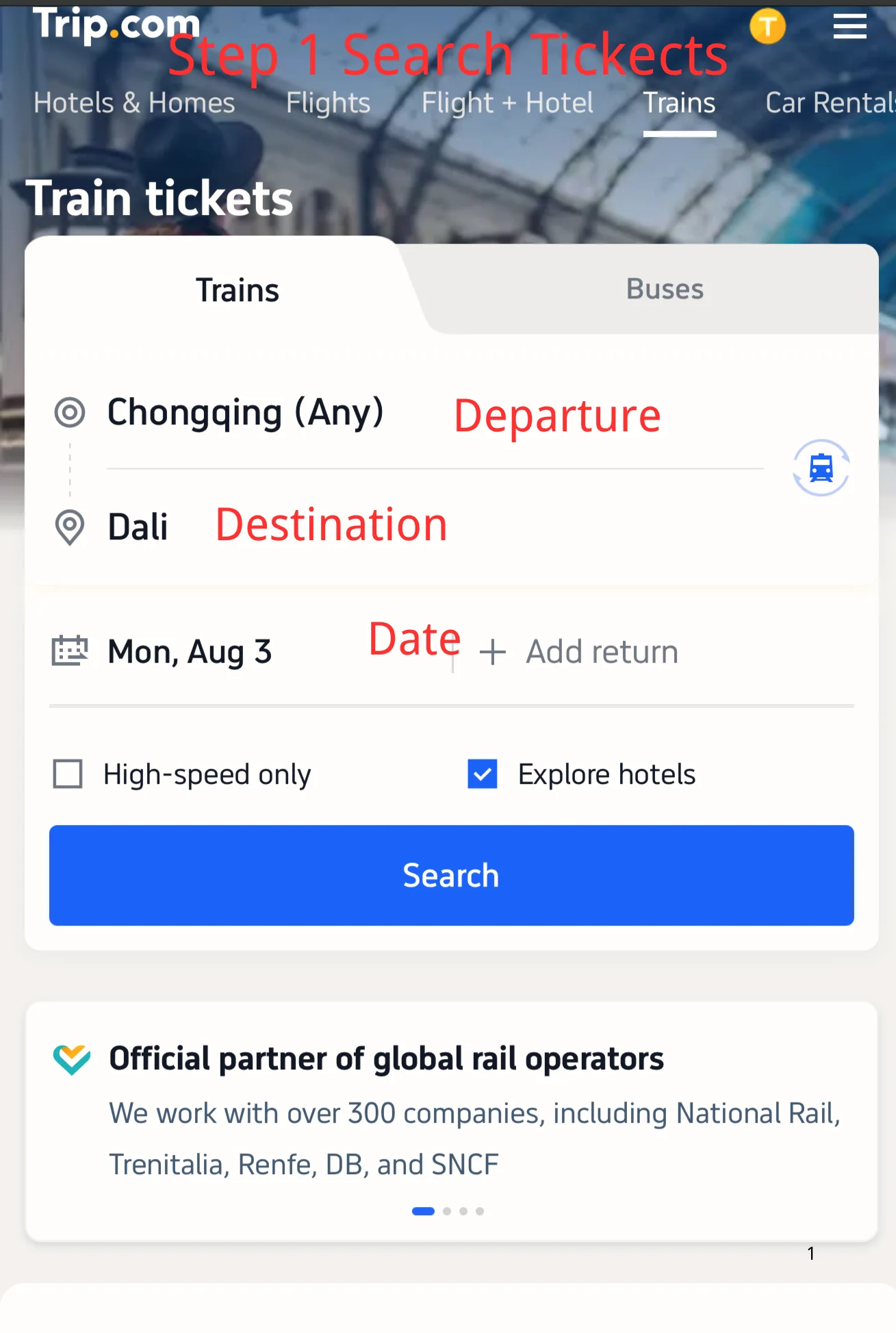 Trip.com train search: Chongqing to Dali Trip.com train ticket search page with Chongqing departure, Dali destination, and travel date selected