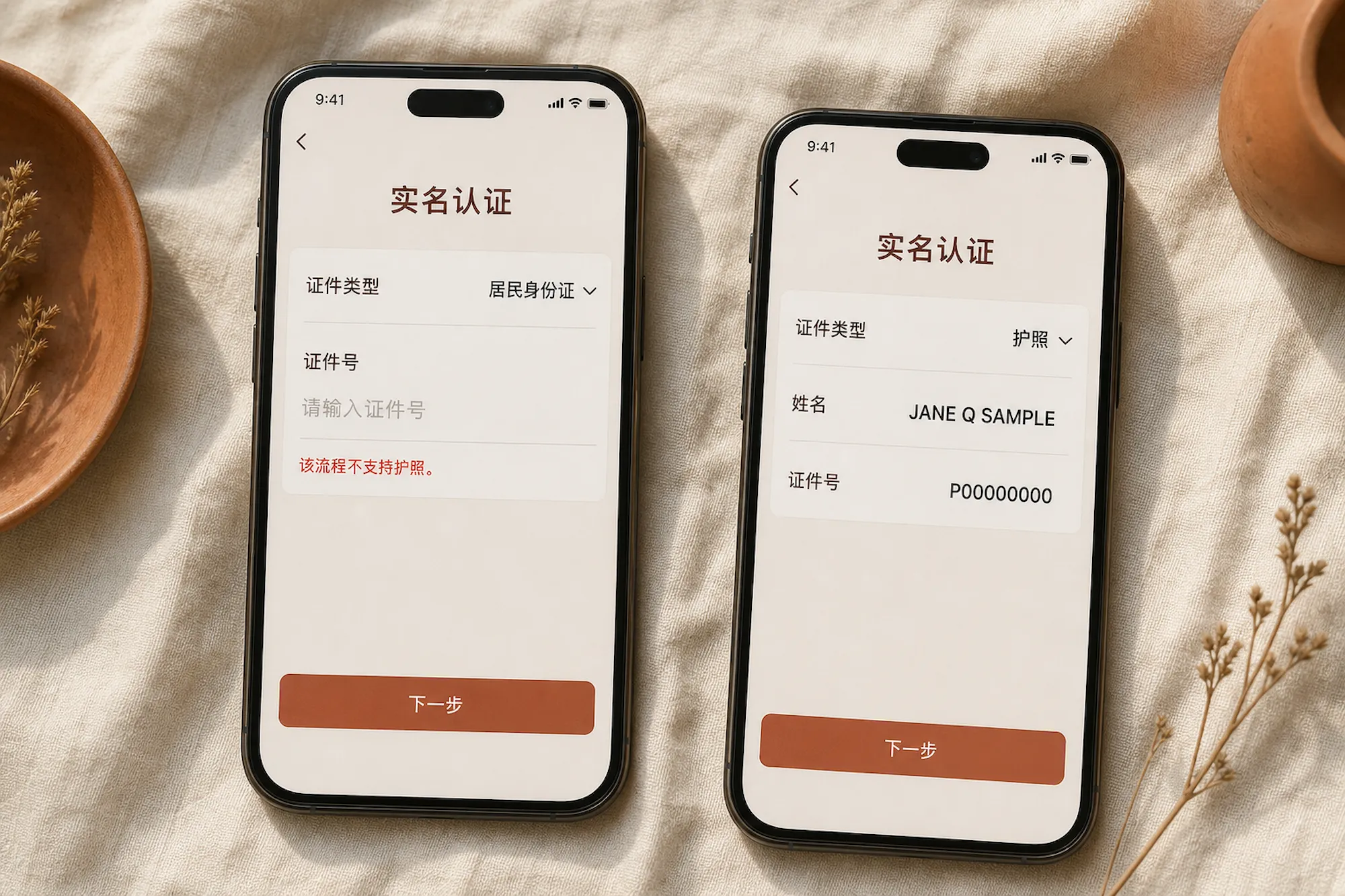 Left is the citizen path. Right is the one foreigners need. Two phones: empty resident-ID form versus passport form for foreigners