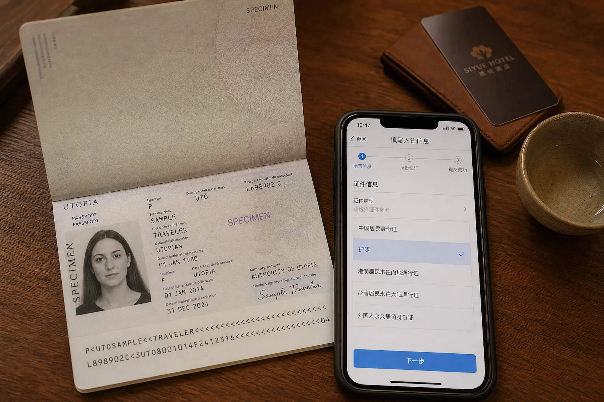Passport is the document foreigners use in China Open passport on a hotel desk next to a phone showing a Chinese identity form