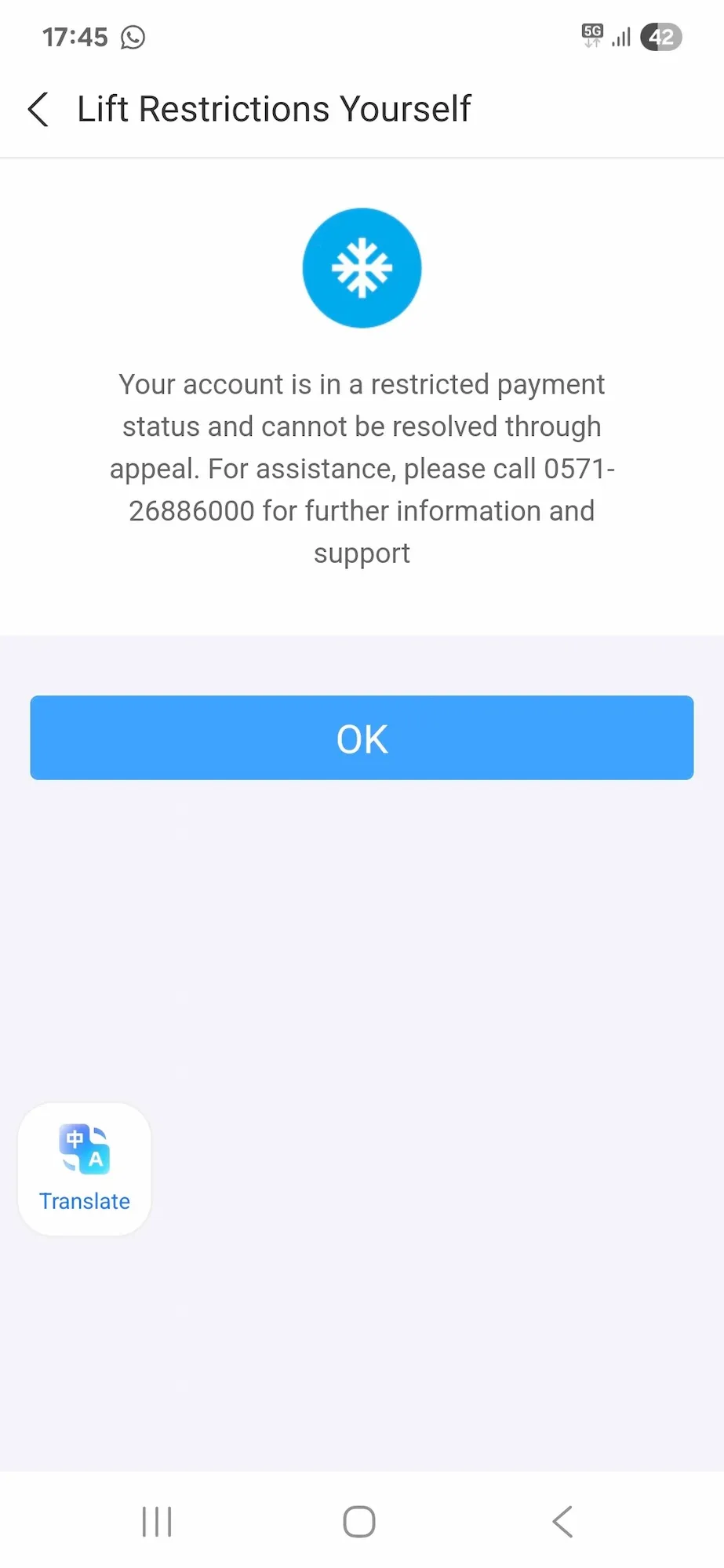 Alipay account restricted payment status error message shown to a foreign traveler in China