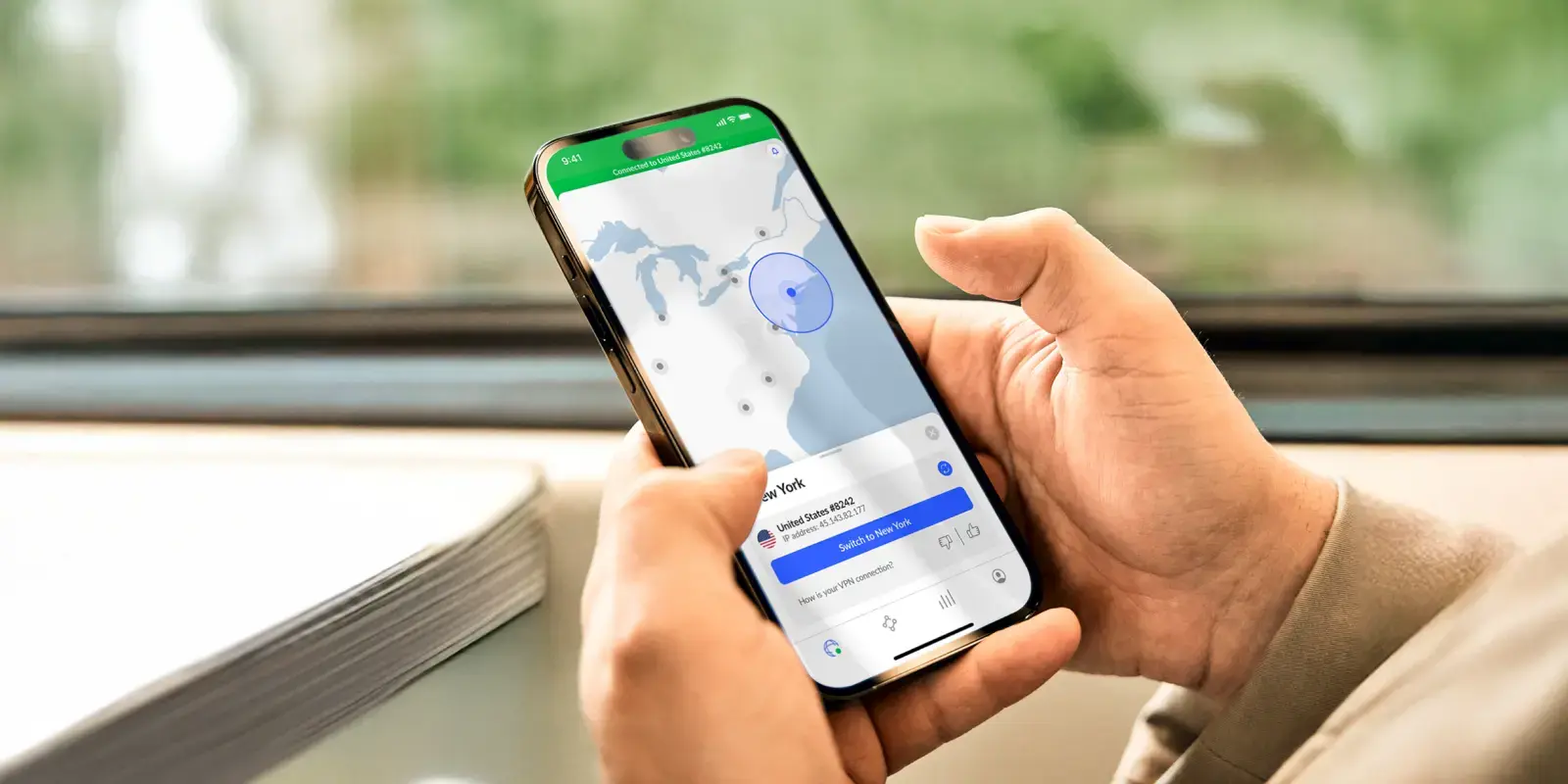 Phone screen showing a VPN connected to a United States server while traveling in China