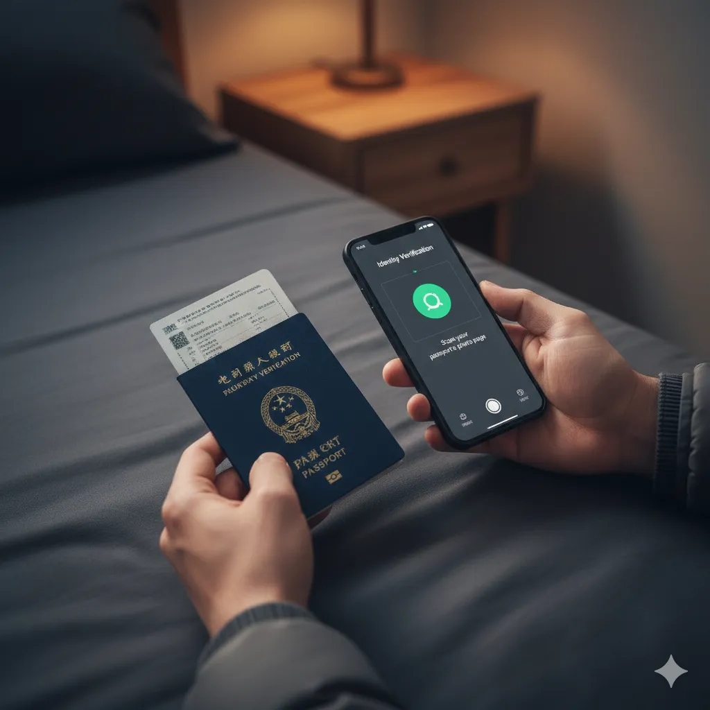 A traveler holding a passport on a matte bedsheet while using a smartphone to complete identity verification for a Chinese payment app without screen glare.