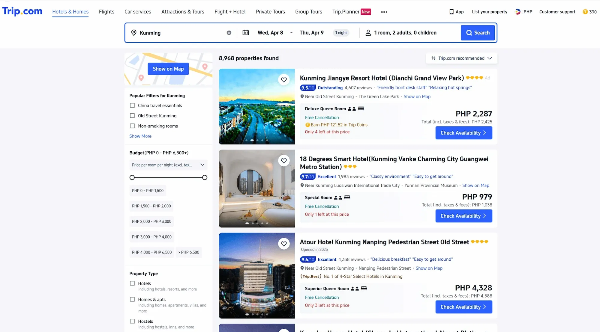 Trip.com hotel search results page showing hotels in China for foreigners