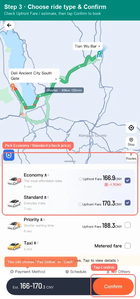 Step 3 screenshot — DiDi ride type list and Confirm button highlighted
