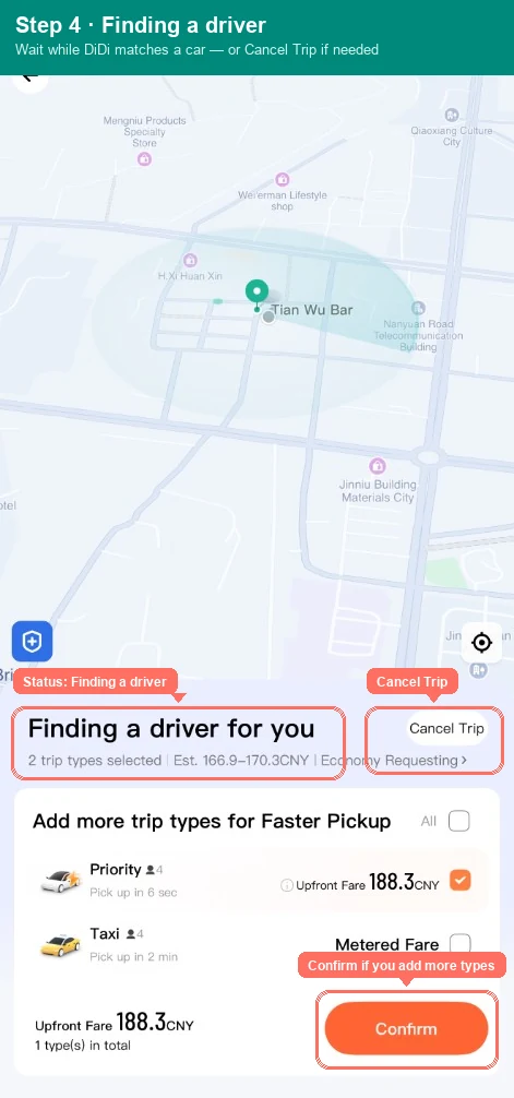 Step 4 screenshot — DiDi finding a driver screen with Cancel Trip highlighted