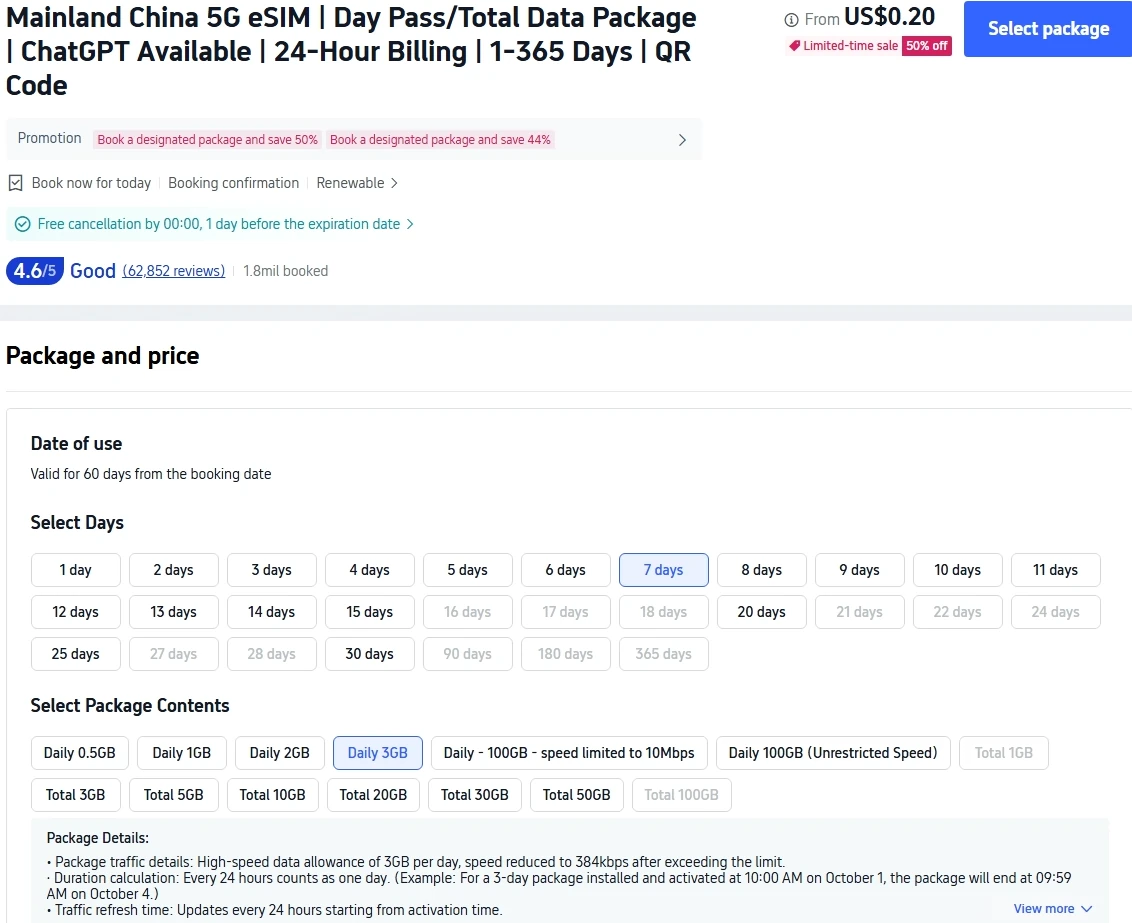 Trip.com China eSIM listing with package options, 3 GB daily data, speed limit and review rating as checked in September 2026