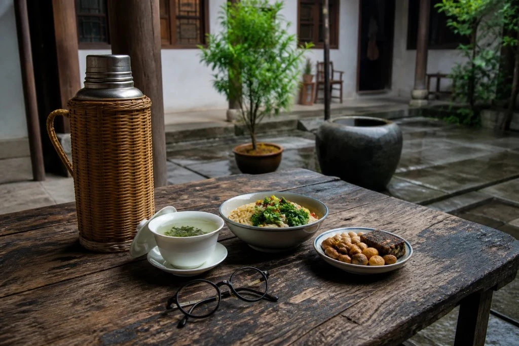 Local Chinese tea and noodles on a wooden table — spontaneous stops that usually need no reservation
