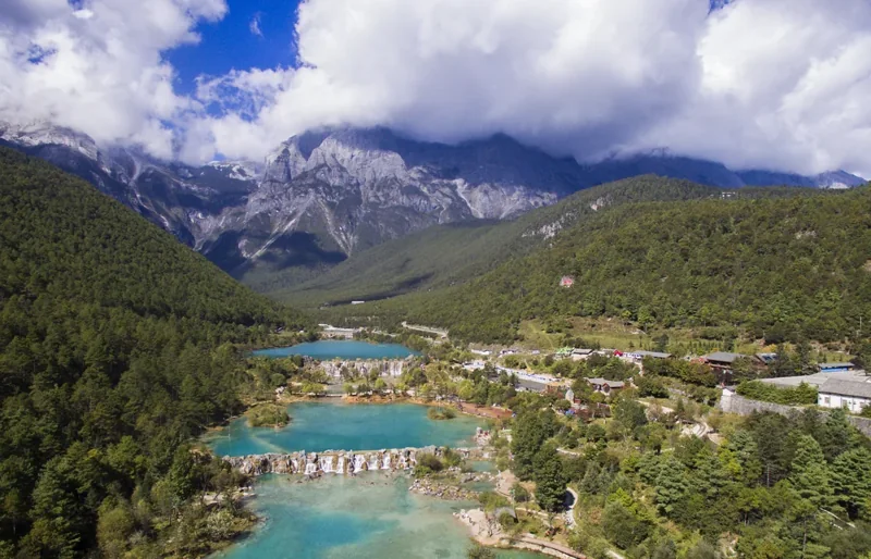 Turquoise pools in Blue Moon Valley beneath Jade Dragon Snow Mountain