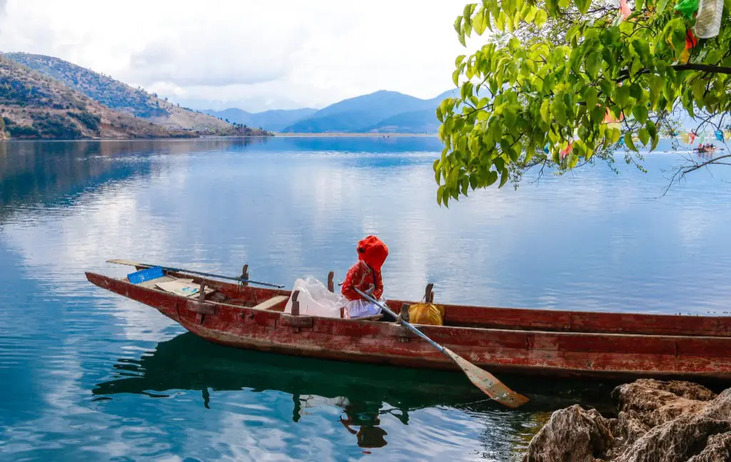 A wooden boat on a highland lake in Yunnan
